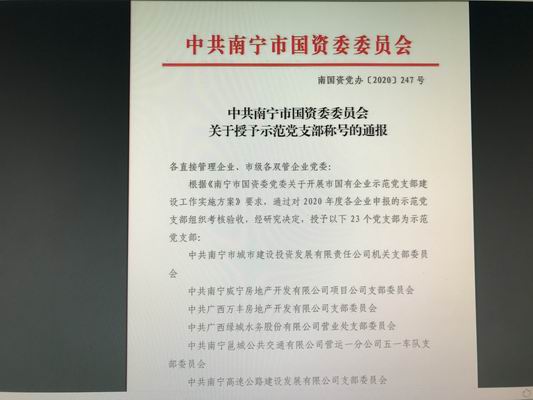 万丰地产党支部被市国资委党委授予“示范党支部”称号